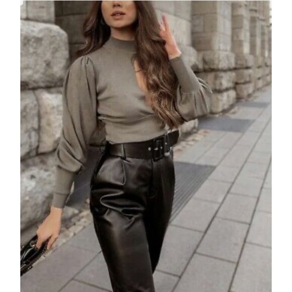 Zara Women Belted Faux Leather Pants Black - Picture 3 of 7